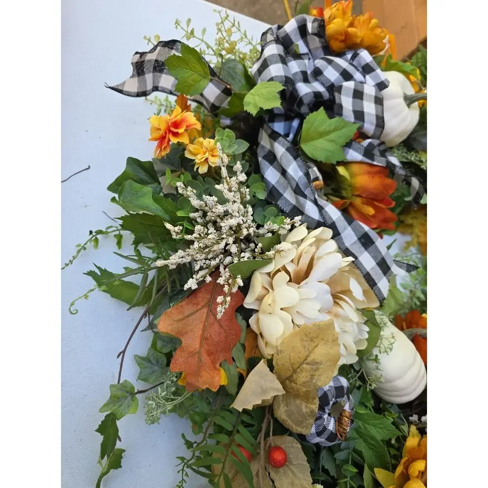 Large Buffalo plaid fall wreath-white pumpkin wreath, lambs ear wreath